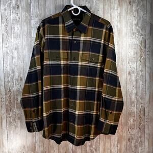 Orvis Flannel Shirt Mens L Navy Orange Plaid Pocket Flap Outdoor Button Up Shirt